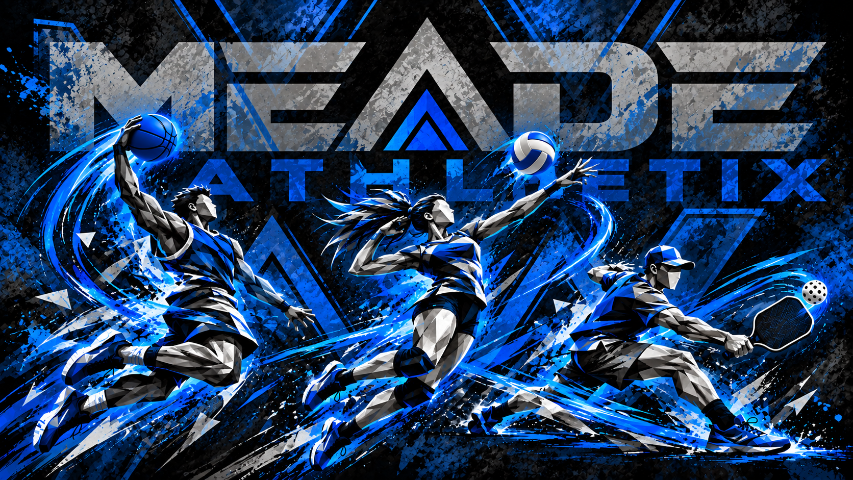 Abstract basketball, volleyball and pickleball athletes in Meade blue, black and gray