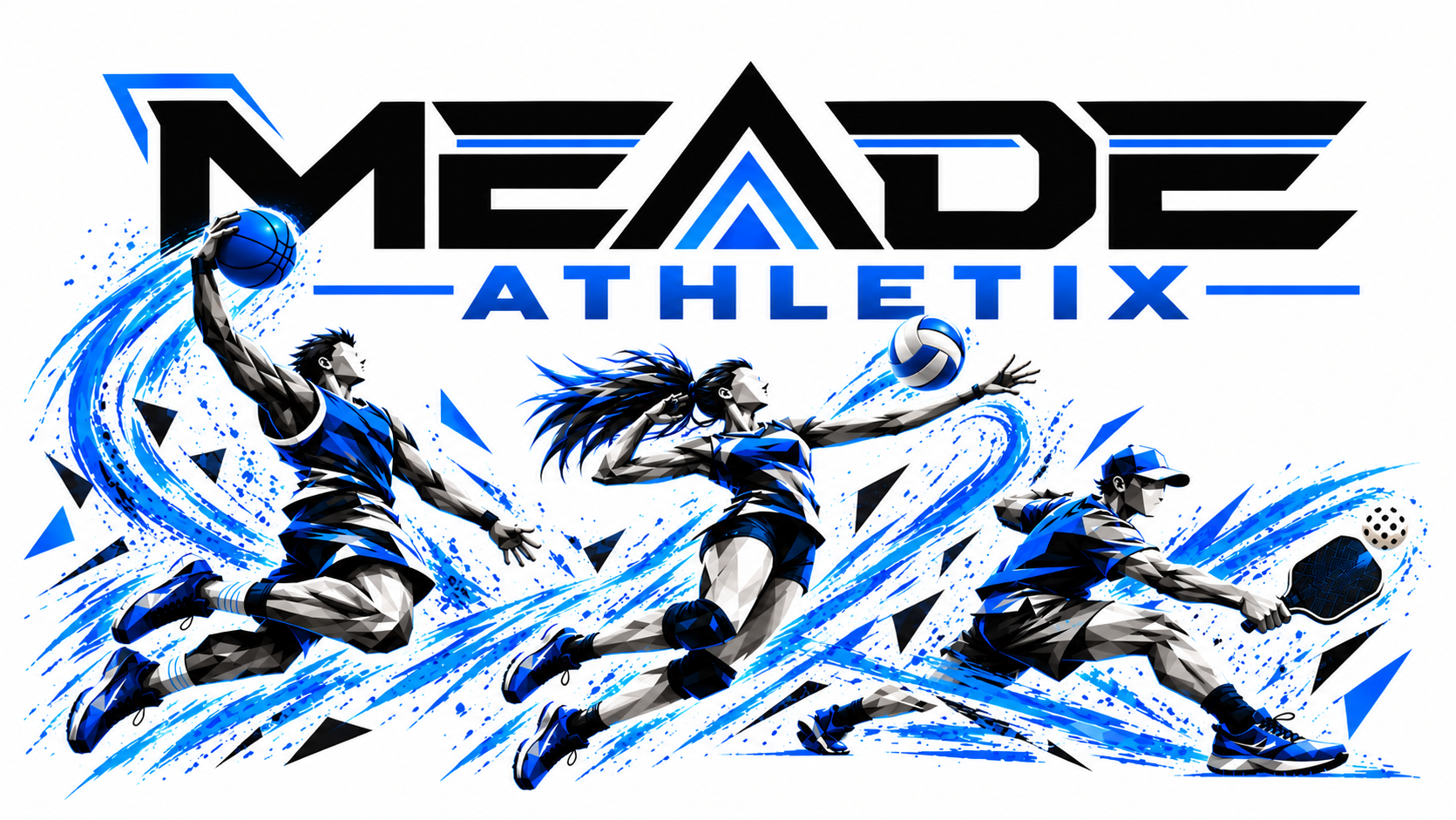 Abstract basketball, volleyball and pickleball athletes in Meade blue, black and gray
